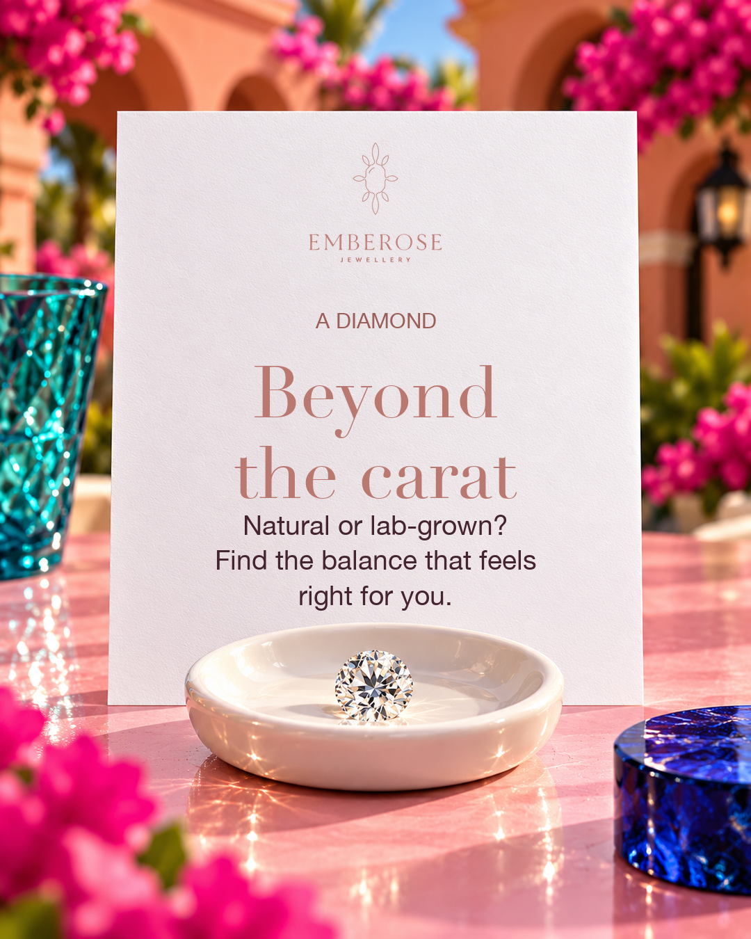 Beyond the carat education artwork: white teaching card, diamond illustration, turquoise glass and fuchsia flowers