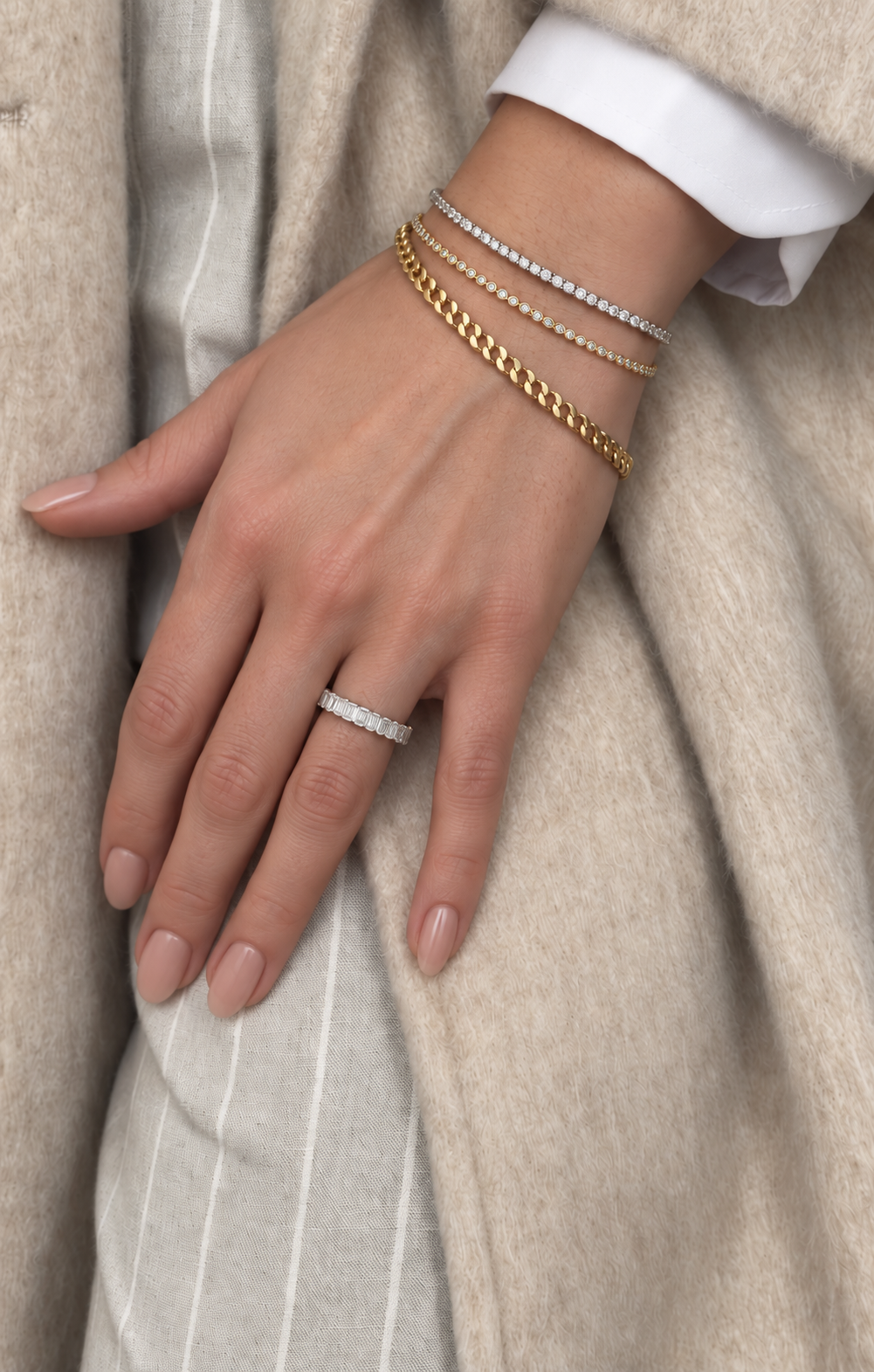 Sola Promise in a three-bracelet styled stack with a diamond ring — pieces sold separately