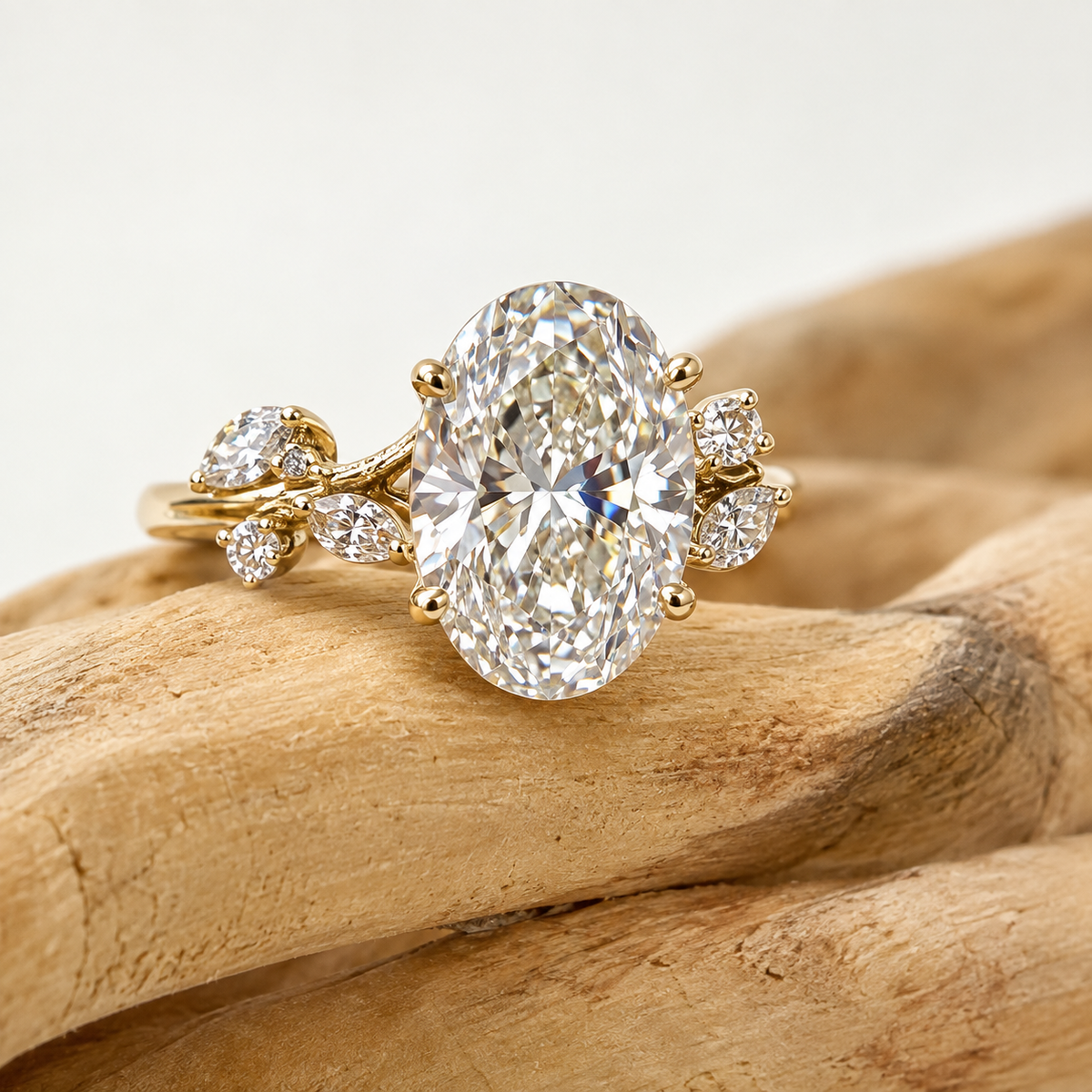 Canopy oval lab-grown diamond ring on natural timber