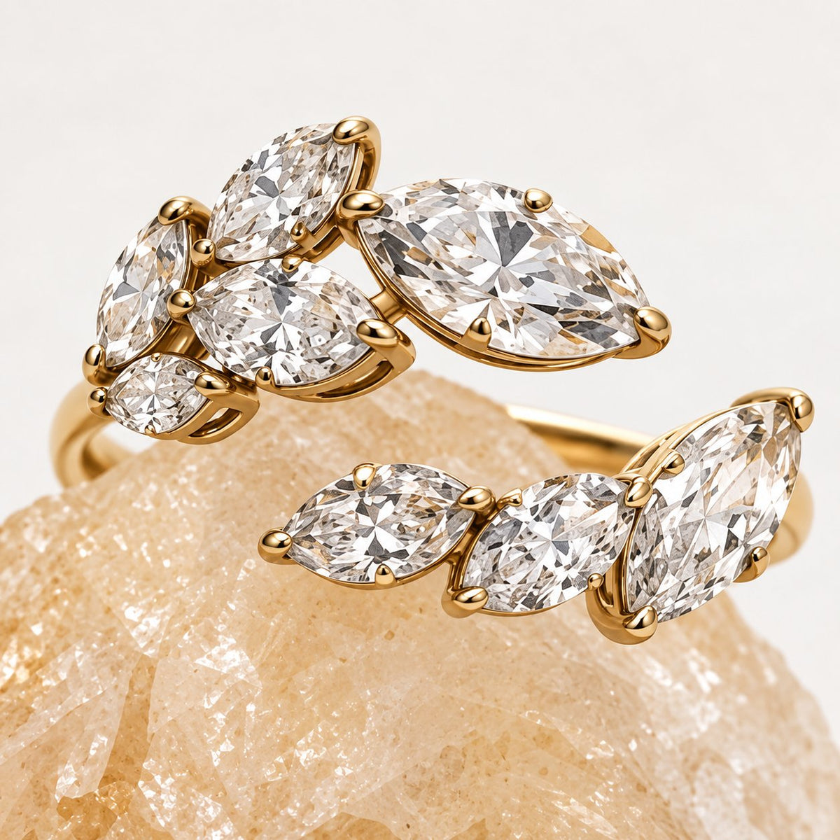 Laurel diamond leaf ring — front close-up on natural crystal