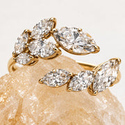 Laurel diamond leaf ring — front close-up on natural crystal