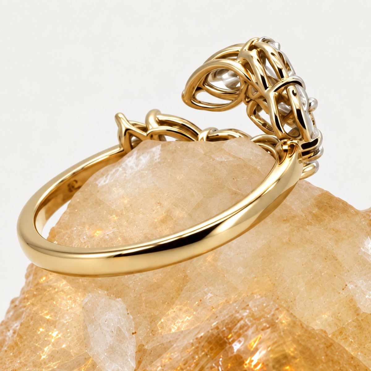 Laurel diamond leaf ring — rear close-up on natural crystal