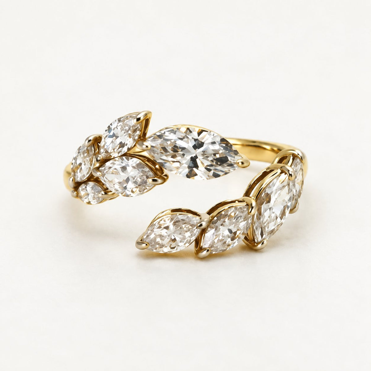 Laurel yellow gold diamond leaf ring, front detail