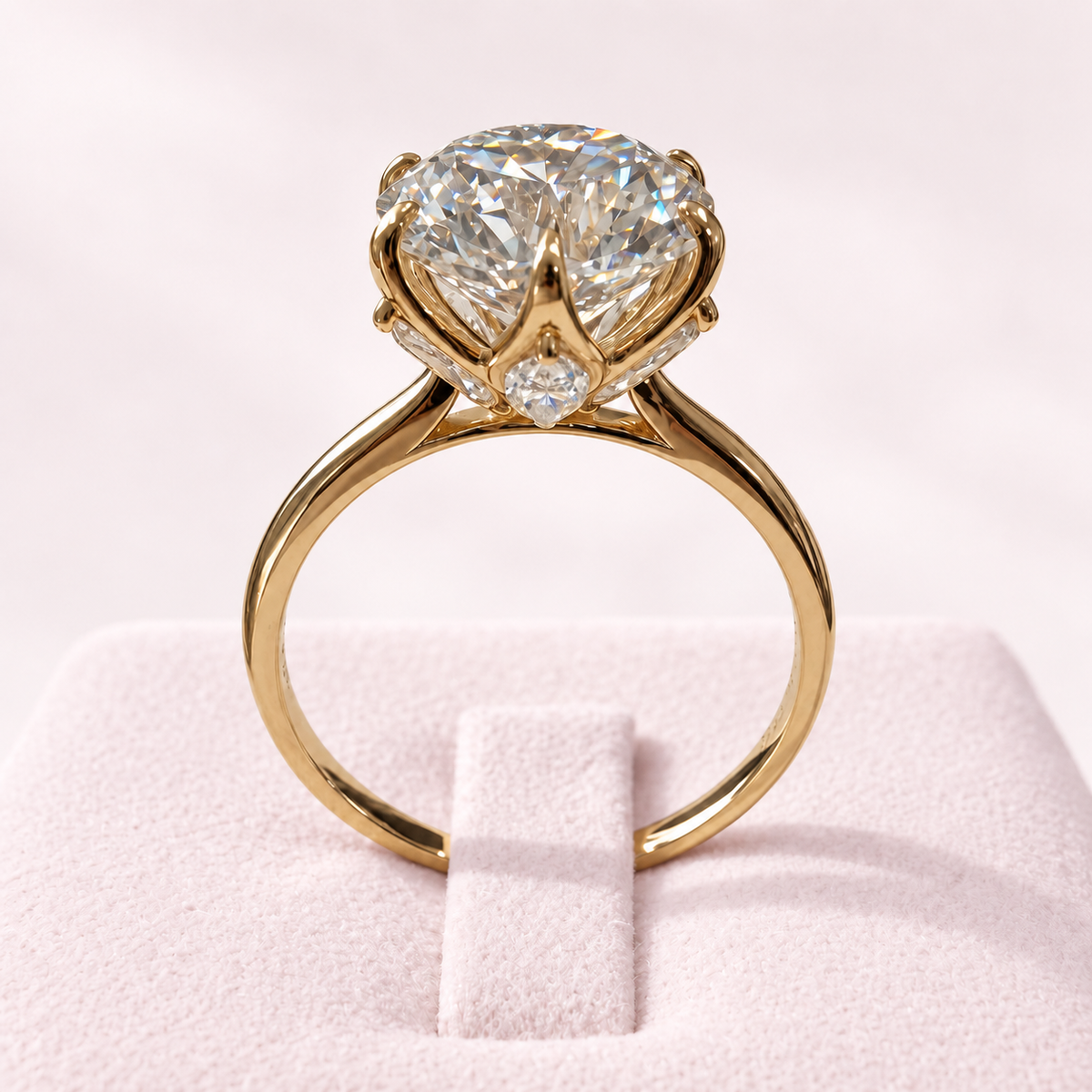 Olivia's Ovation yellow gold diamond ring and sculptural petal gallery on a very pale blush display