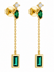Delphine gold-plated chain drop earrings with green and clear cubic zirconia — enhanced product rendering