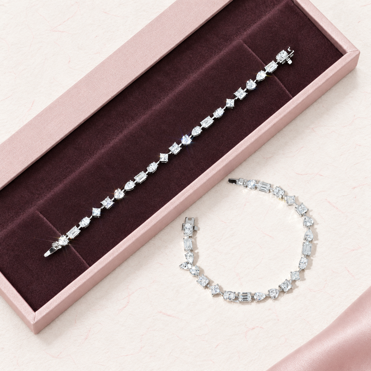 Sylvie — Mixed-Shape Moissanite Bracelet — Additional design view. Presentation styling is for illustration.