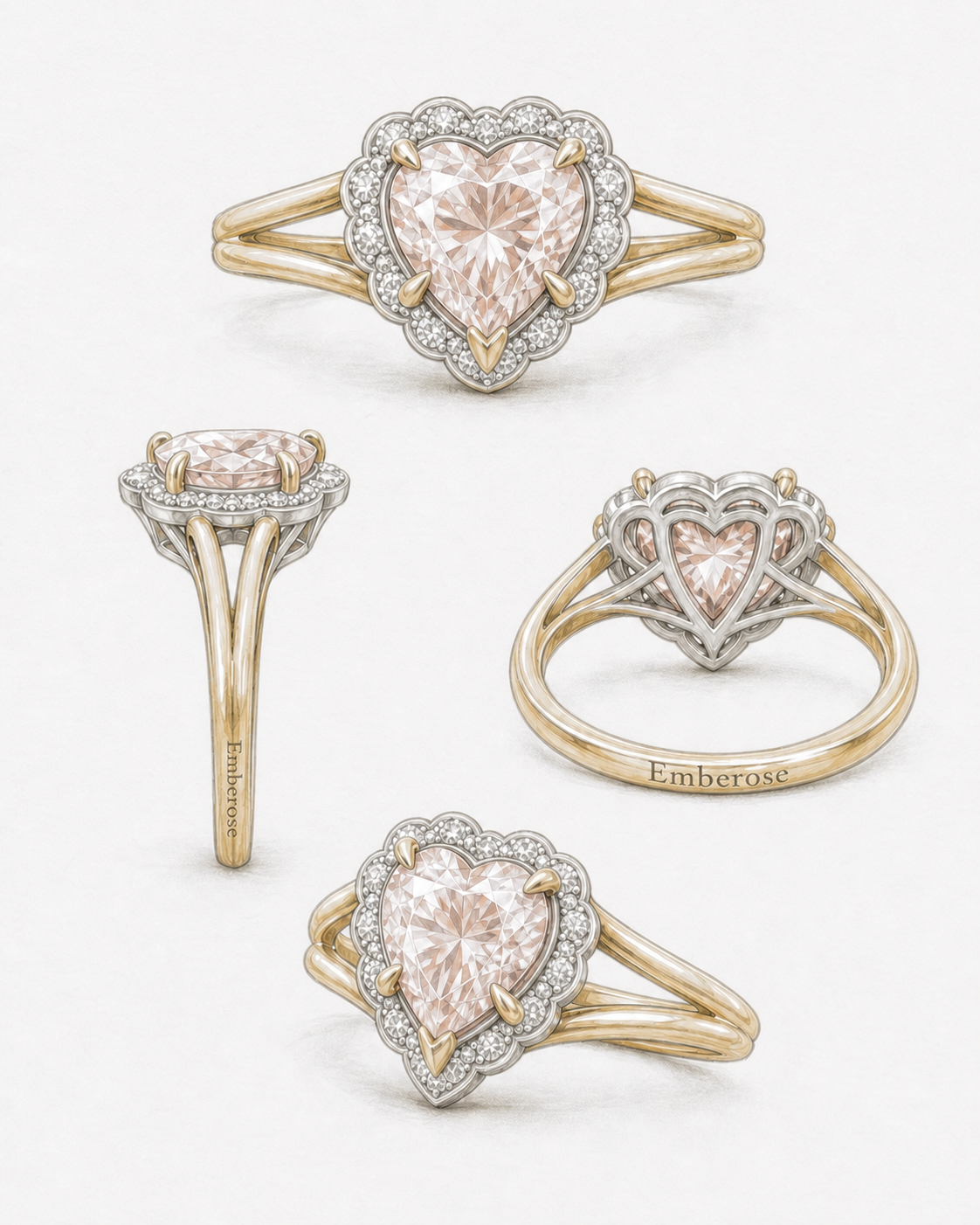Heartheld ring design study with Emberose maker's mark