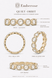 Quiet Orbit rose-cut eternity ring design study on Emberose near-white paper