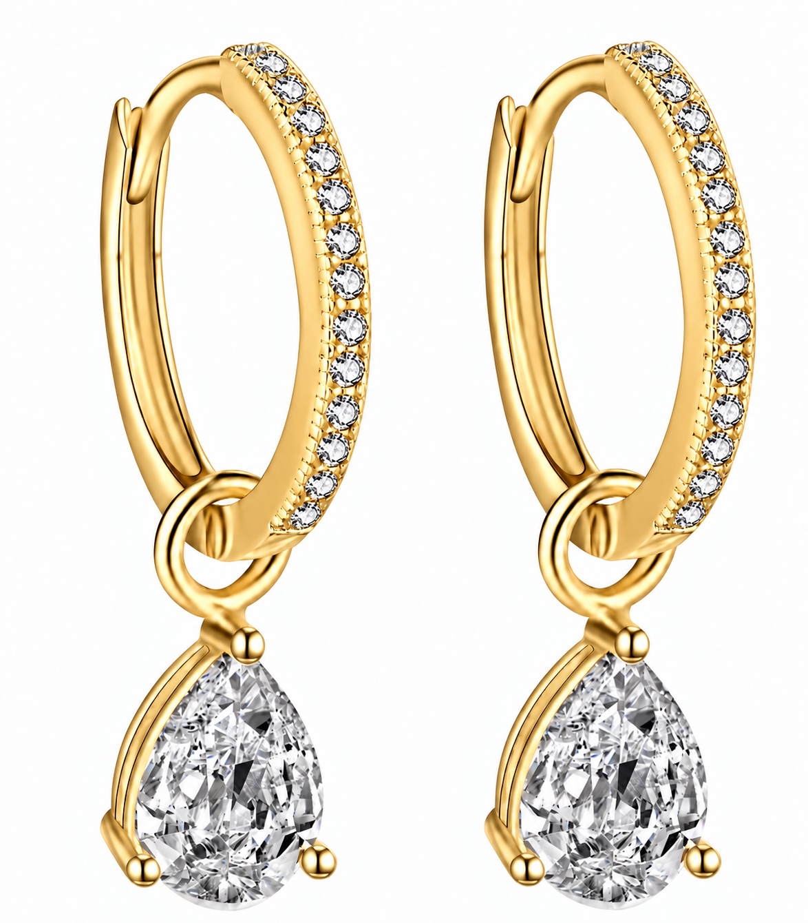 Estelle pear-drop huggies in 14K yellow gold-plated sterling silver — colour-corrected supplier-reference rendering