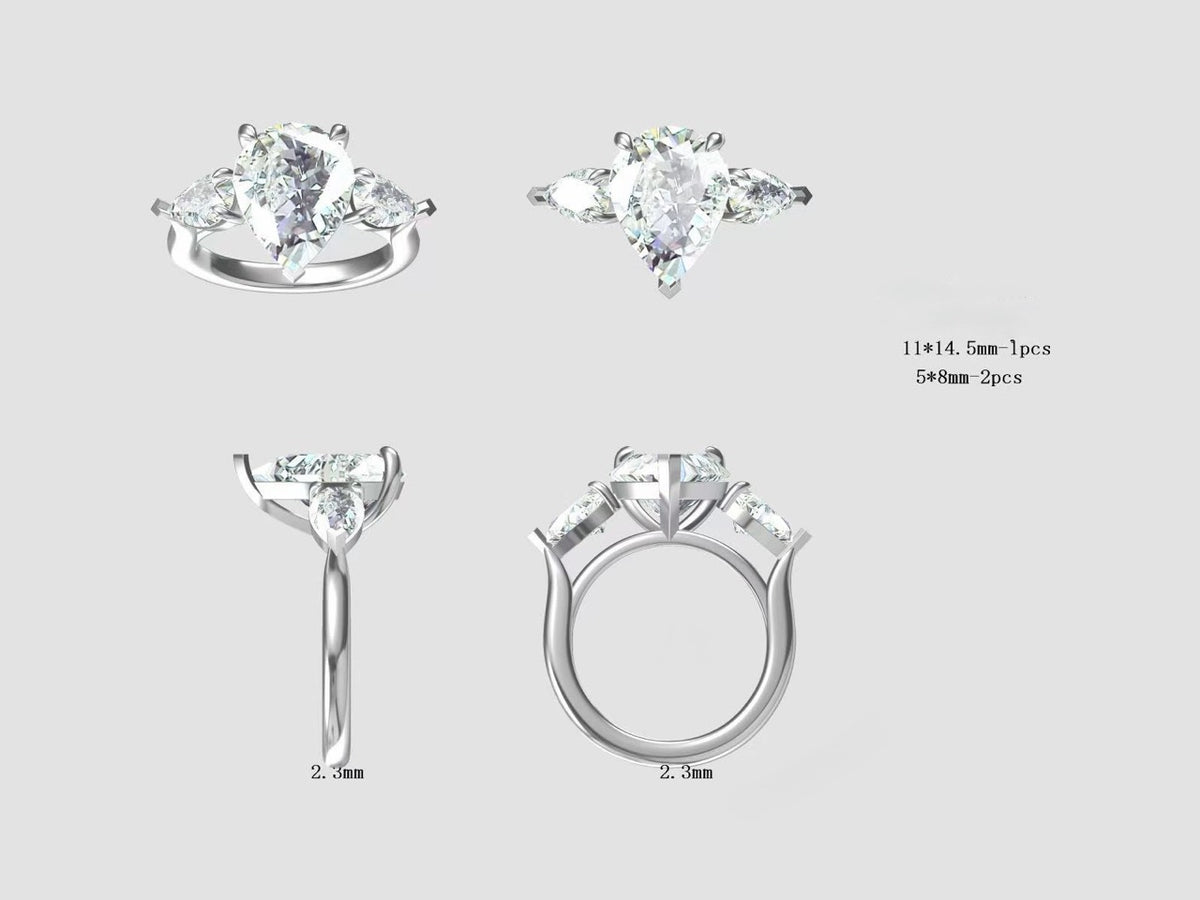 Supplier CAD design reference for The Vivienne: a pear centre and two pear side stones shown in four views. Not a finished-piece photograph.