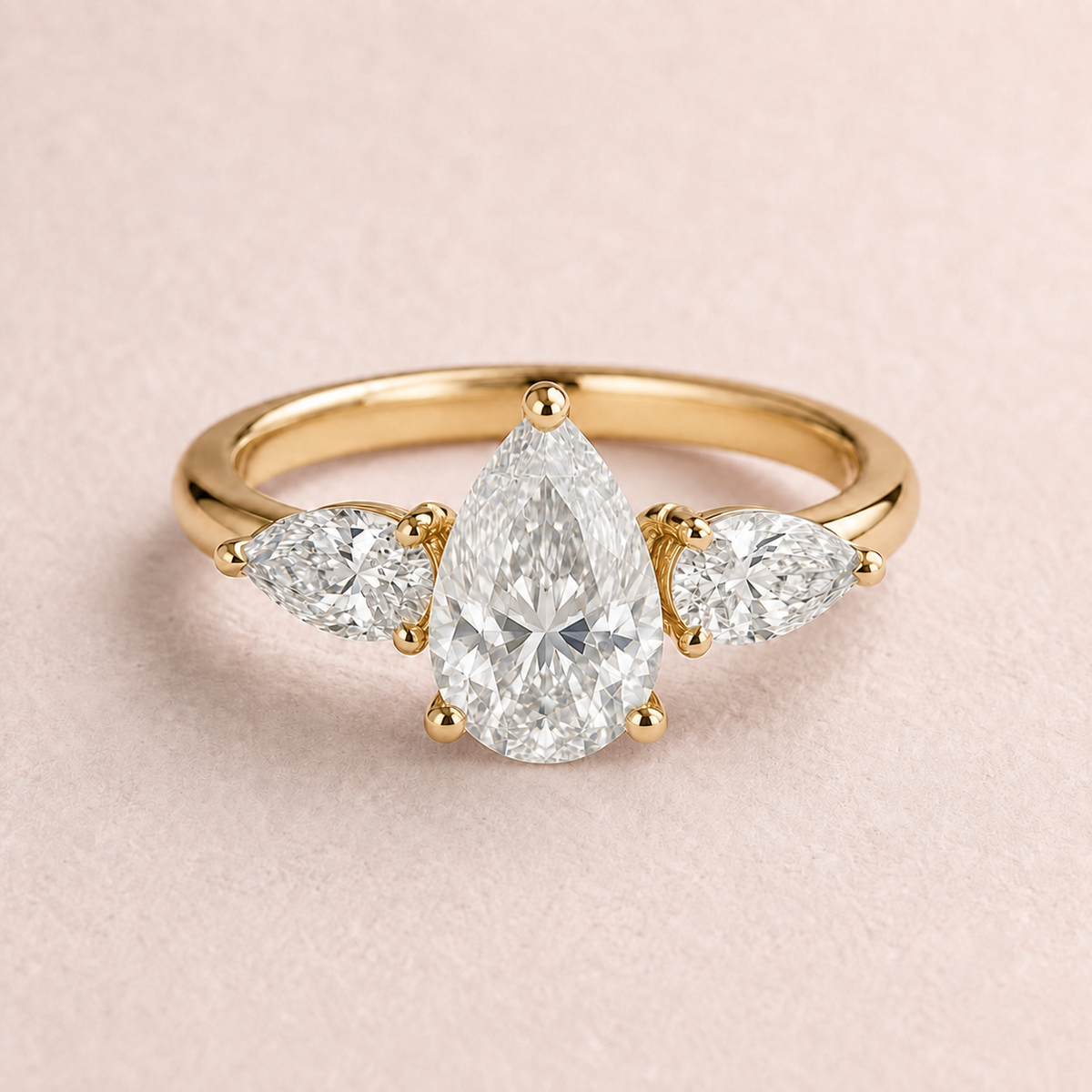Lumera Passage three-stone ring concept with a pear-cut centre and pear-shaped side stones in yellow gold