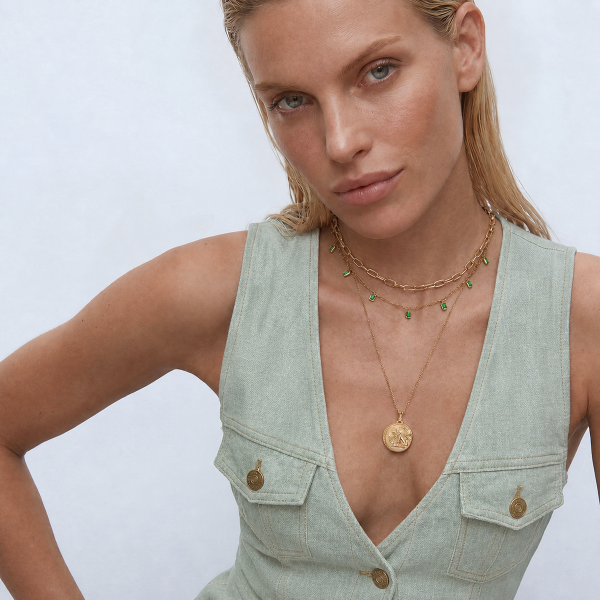 Seren Vow green stone necklace styled with pale celadon clothing