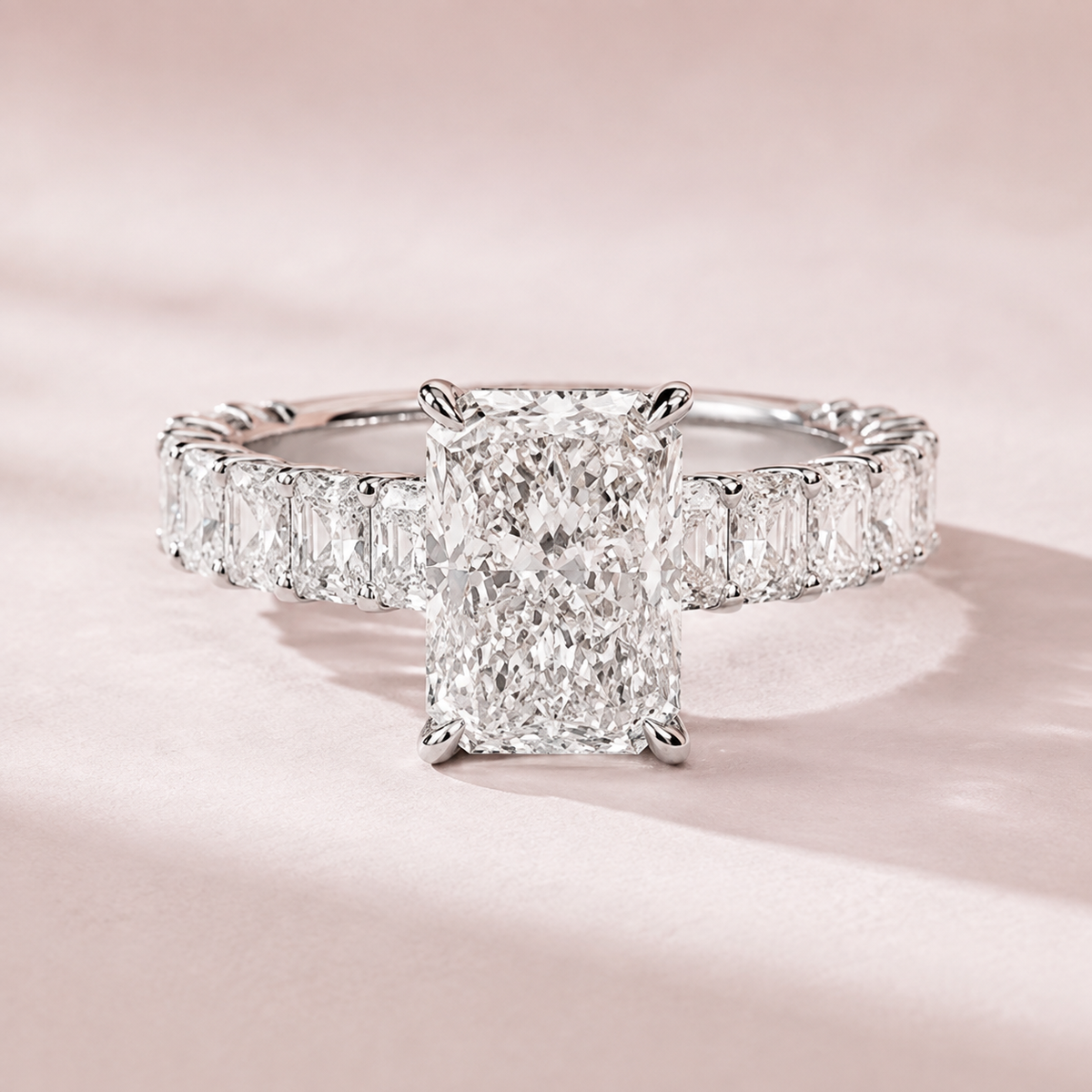 Solenne Radiant representative concept with a white radiant-cut lab-grown diamond centre and radiant side stones
