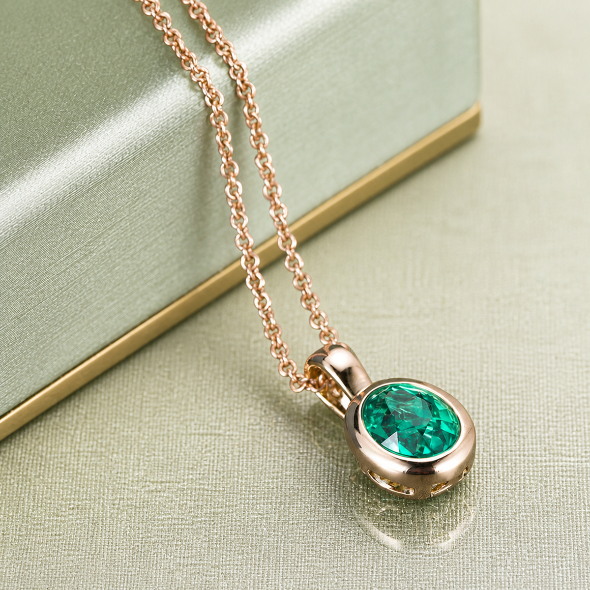 Verdant Heart green stone pendant on pale sage linen