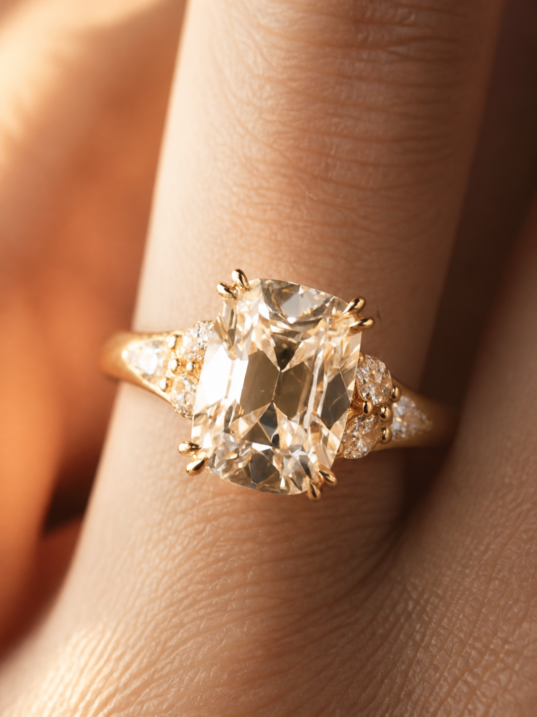 An Emberose ring held in warm light