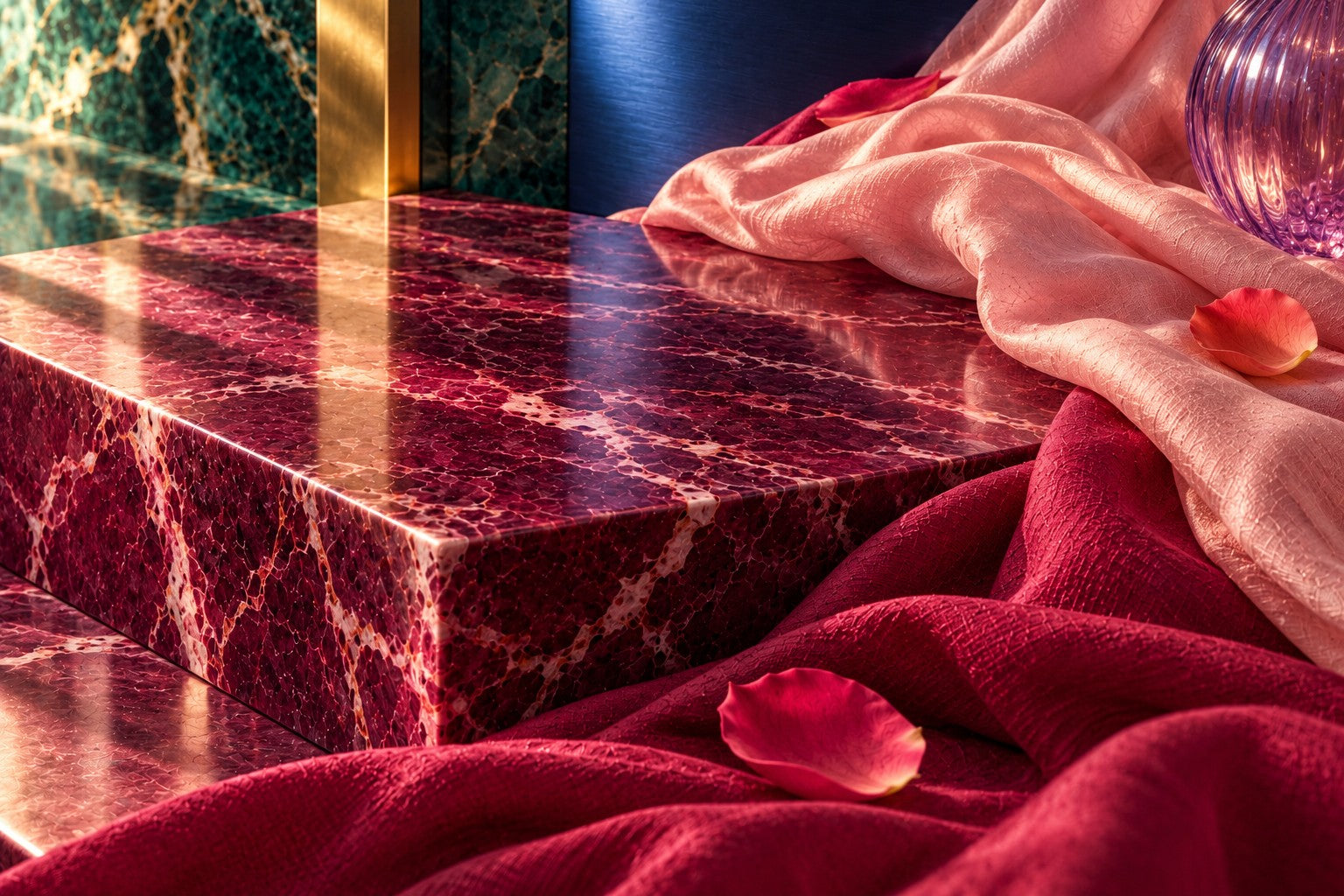 Raspberry silk with sculptural marble and coloured metal